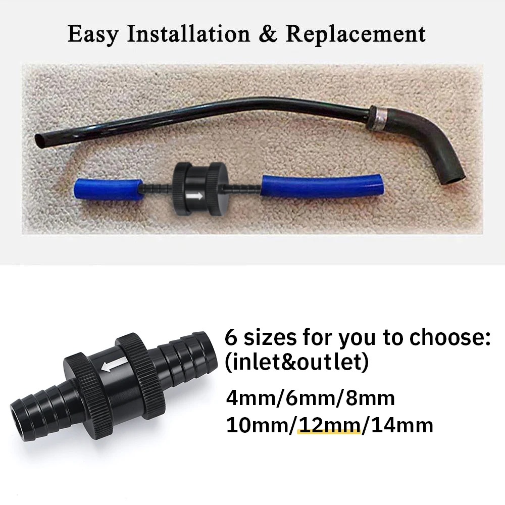 6 Size 4MM / 6MM / 8MM / 10MM / 12MM / 16MM Non Return One Way Fuel Check Valve Aluminum Alloy Petrol Diesel