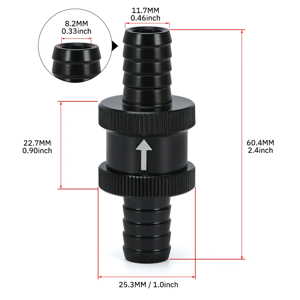 6 Size 4MM / 6MM / 8MM / 10MM / 12MM / 16MM Non Return One Way Fuel Check Valve Aluminum Alloy Petrol Diesel