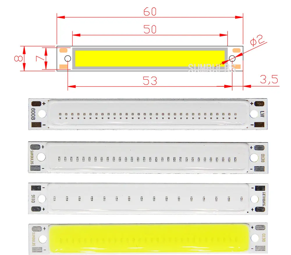 60x8mm LED COB Strip for Bicycle Taillights 1.5W 3W 2V 3V DC Warm White Blue Red COB LED Light Source for DIY Work Lamp