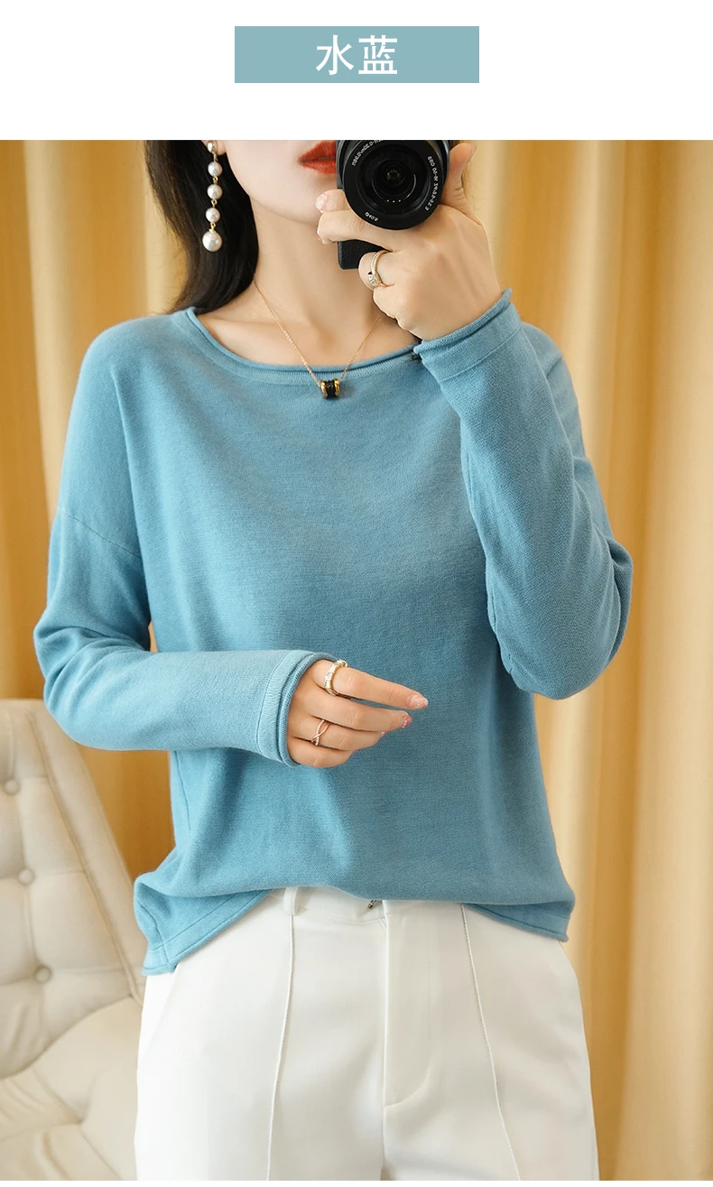 100% Cotton Women Knit Sweater Crimped Edge O-Neck Pullover Bottoming Pure Cotton Sweater Spring Autumn New Tops Clothes