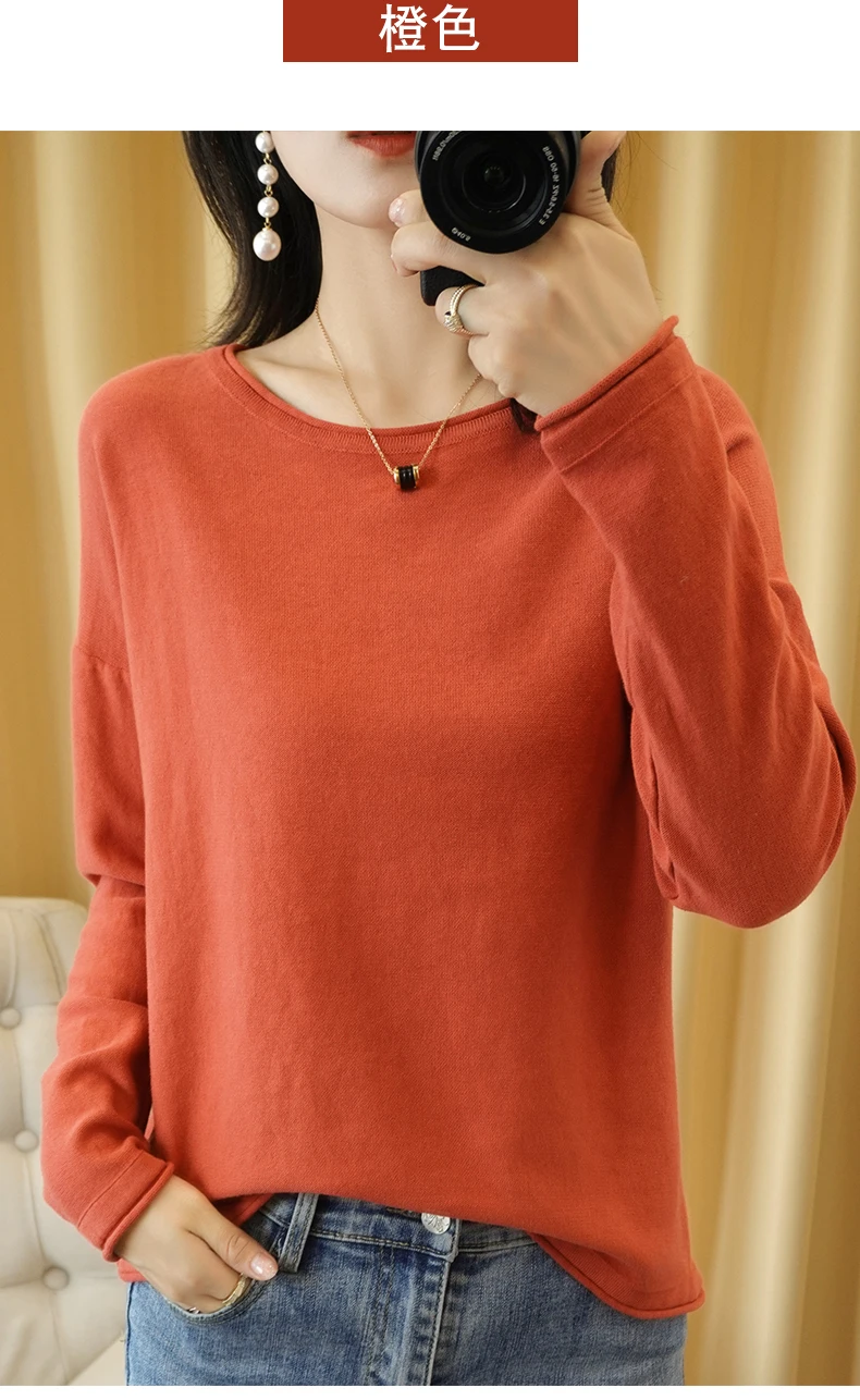 100% Cotton Women Knit Sweater Crimped Edge O-Neck Pullover Bottoming Pure Cotton Sweater Spring Autumn New Tops Clothes