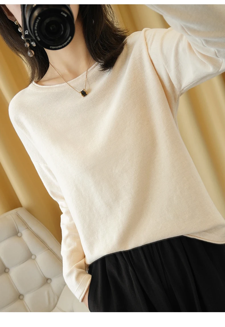 100% Cotton Women Knit Sweater Crimped Edge O-Neck Pullover Bottoming Pure Cotton Sweater Spring Autumn New Tops Clothes