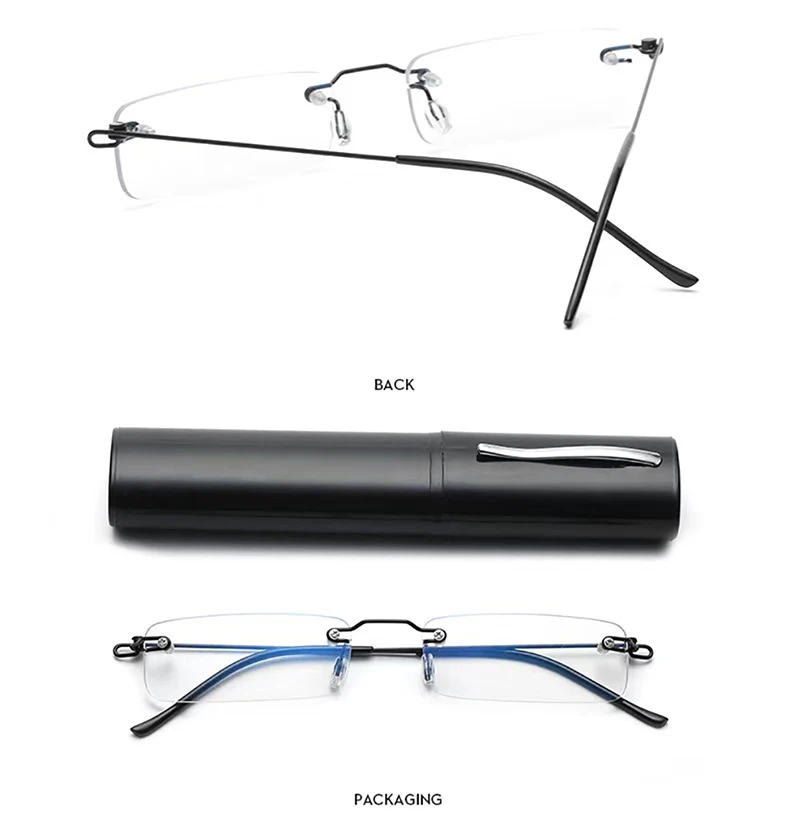 Sighttoo Anti-Blue Light Rimless Reading Glasses New Readers Ultralight Coating Frameless Glasses Reading With Pen Tube Case Men