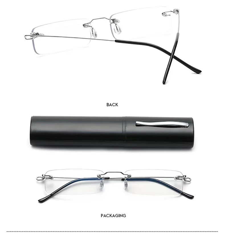 Sighttoo Anti-Blue Light Rimless Reading Glasses New Readers Ultralight Coating Frameless Glasses Reading With Pen Tube Case Men