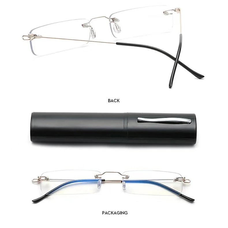 Sighttoo Anti-Blue Light Rimless Reading Glasses New Readers Ultralight Coating Frameless Glasses Reading With Pen Tube Case Men