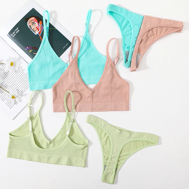Women Seamless Bra And Panties Set U-Shape Back Crop Top Low Rise Thong Comfort Bralette Female Underwear Sexy Lingerie Set