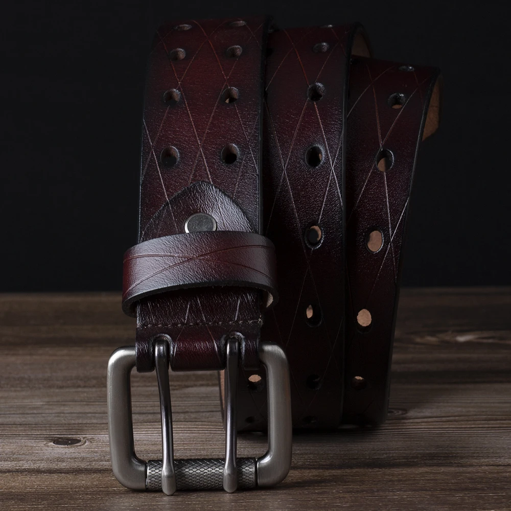 Men's Leather Double Needle Buckle Classic Tow Row Hole Jeans Belt Cowboy