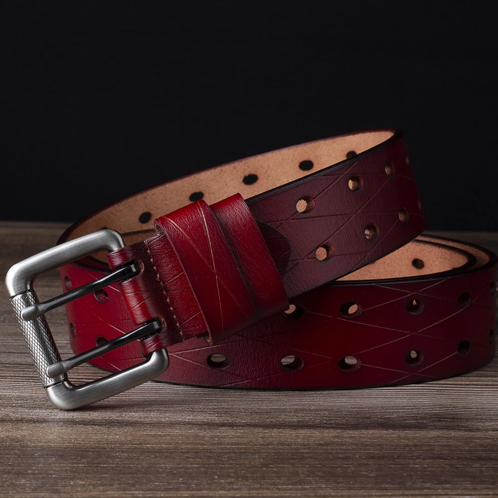 Men's Leather Double Needle Buckle Classic Tow Row Hole Jeans Belt Cowboy