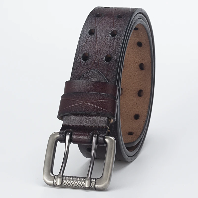Men's Leather Double Needle Buckle Classic Tow Row Hole Jeans Belt Cowboy