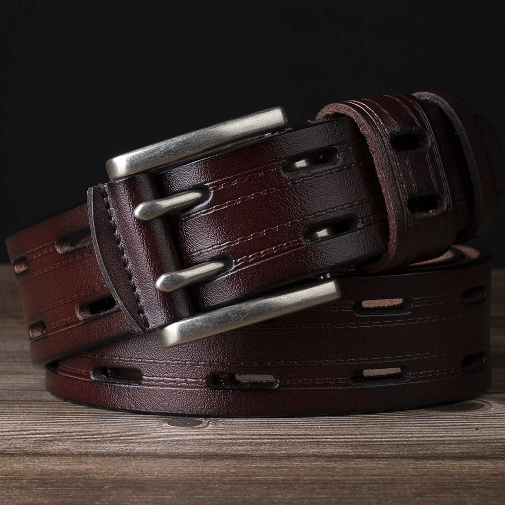 Men's Leather Double Needle Buckle Classic Tow Row Hole Jeans Belt Cowboy