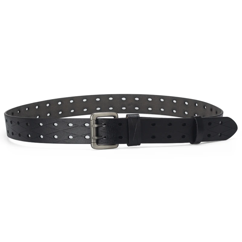 Men's Leather Double Needle Buckle Classic Tow Row Hole Jeans Belt Cowboy