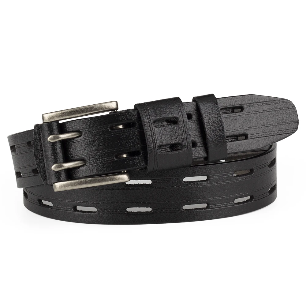 Men's Leather Double Needle Buckle Classic Tow Row Hole Jeans Belt Cowboy