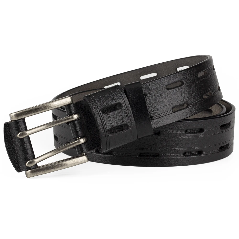 Men's Leather Double Needle Buckle Classic Tow Row Hole Jeans Belt Cowboy