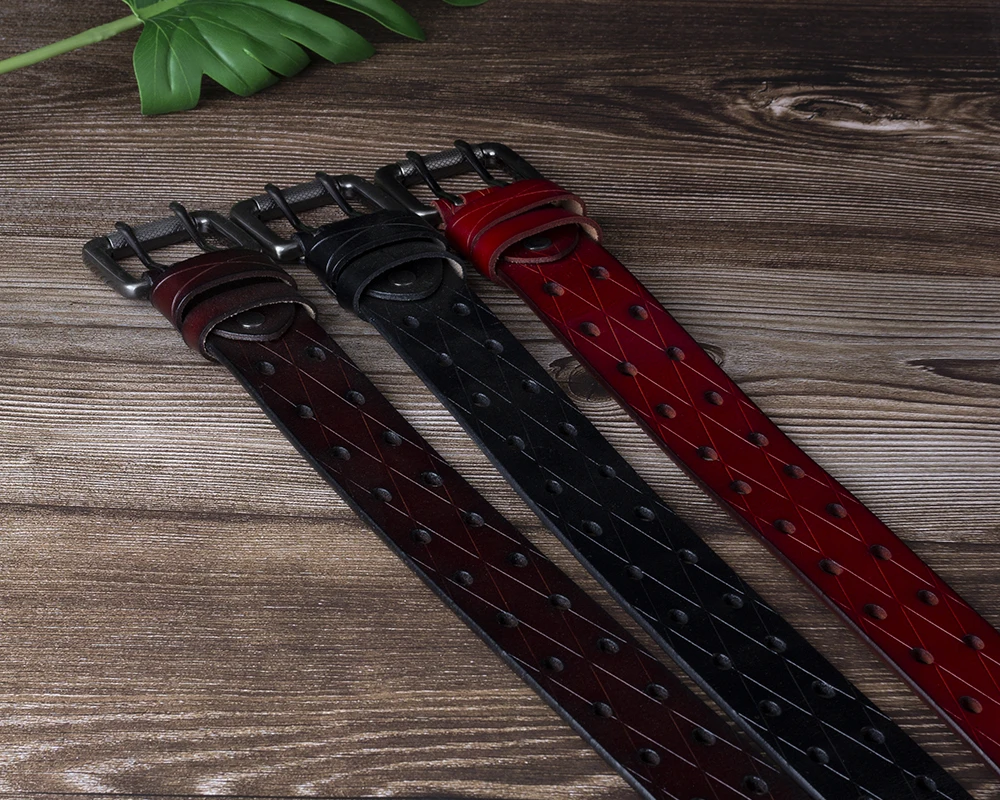 Men's Leather Double Needle Buckle Classic Tow Row Hole Jeans Belt Cowboy