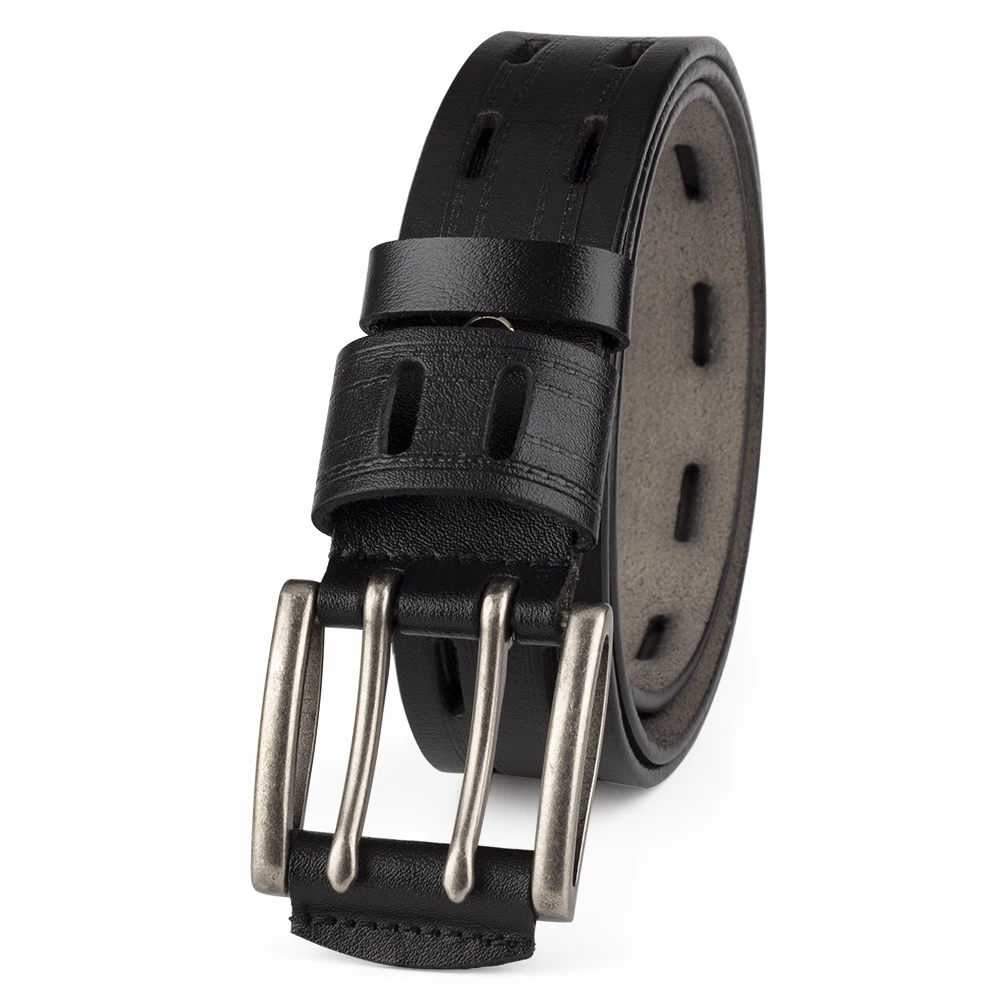 Men's Leather Double Needle Buckle Classic Tow Row Hole Jeans Belt Cowboy