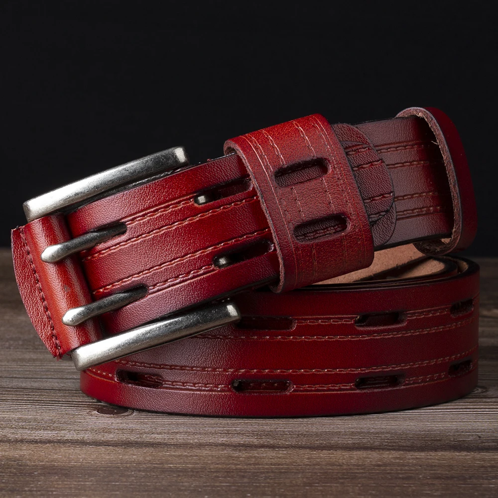 Men's Leather Double Needle Buckle Classic Tow Row Hole Jeans Belt Cowboy