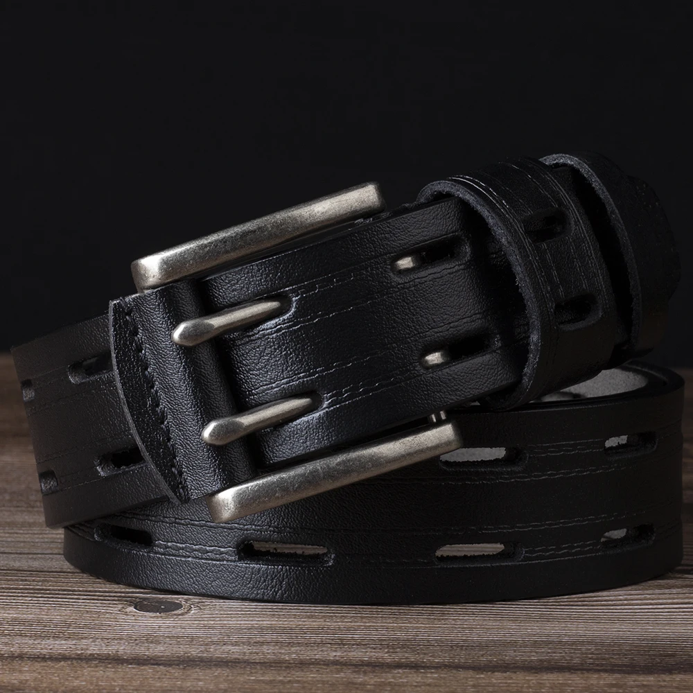 Men's Leather Double Needle Buckle Classic Tow Row Hole Jeans Belt Cowboy