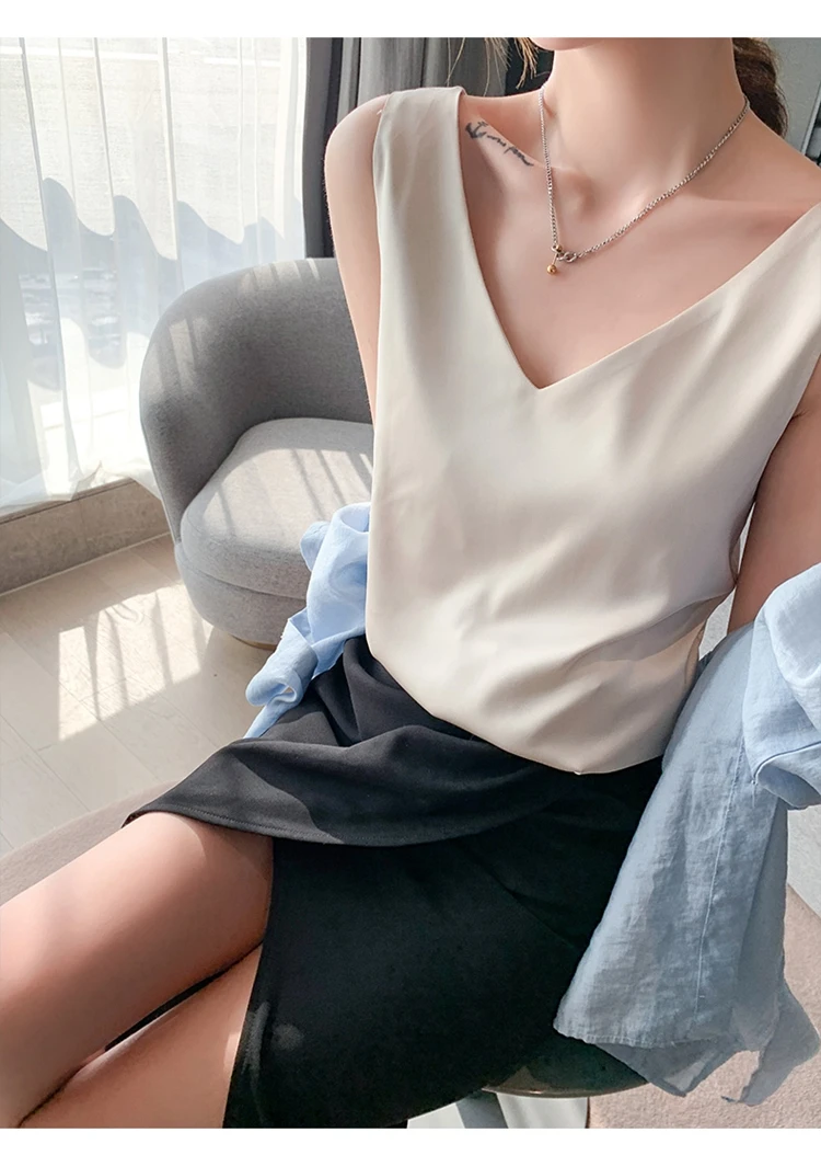 Ladies Silk Suspenders Solid Satin Vest Spring Autumn 2022 New Wild Pullover Tops Women Interior Front/Rear V-Neck Summer Thin