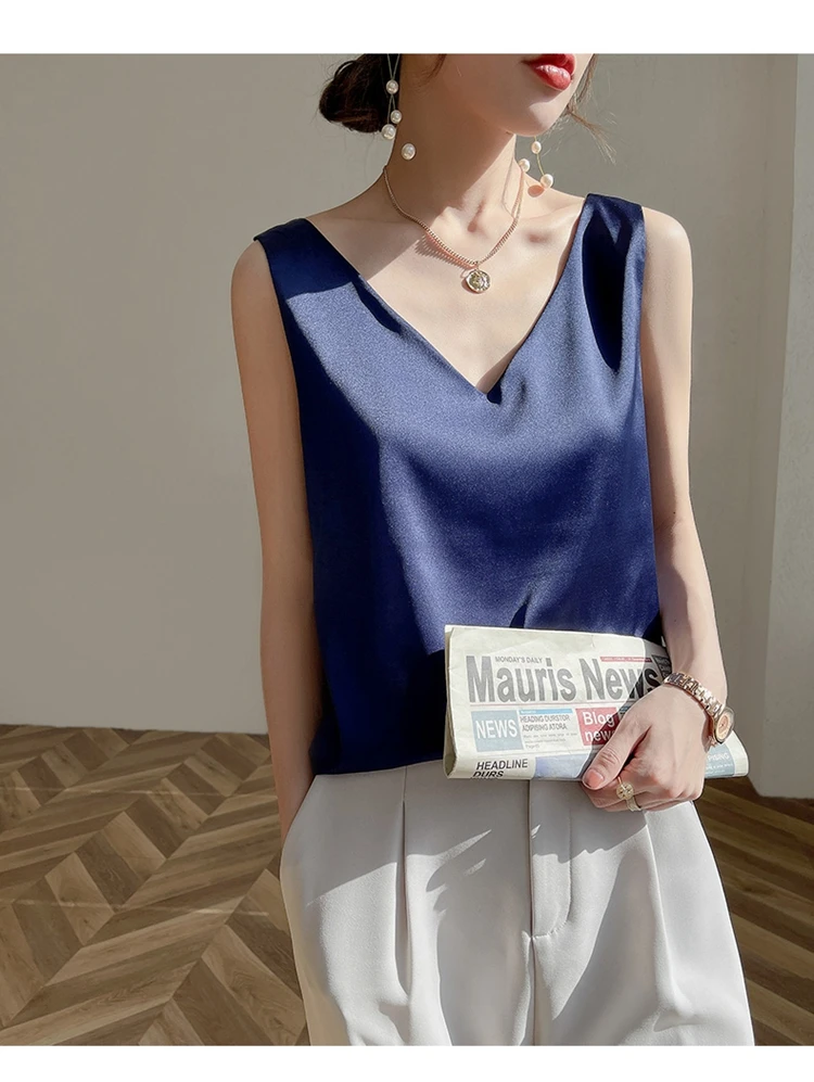 Ladies Silk Suspenders Solid Satin Vest Spring Autumn 2022 New Wild Pullover Tops Women Interior Front/Rear V-Neck Summer Thin