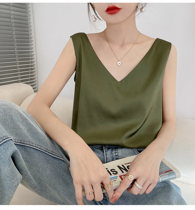Ladies Silk Suspenders Solid Satin Vest Spring Autumn 2022 New Wild Pullover Tops Women Interior Front/Rear V-Neck Summer Thin