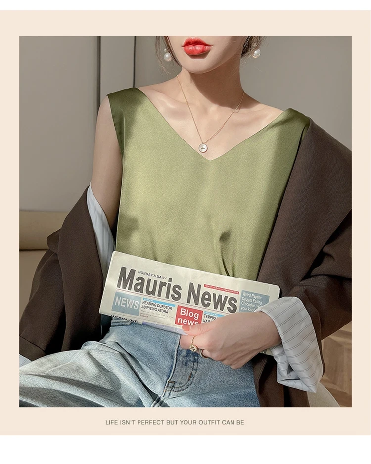 Ladies Silk Suspenders Solid Satin Vest Spring Autumn 2022 New Wild Pullover Tops Women Interior Front/Rear V-Neck Summer Thin