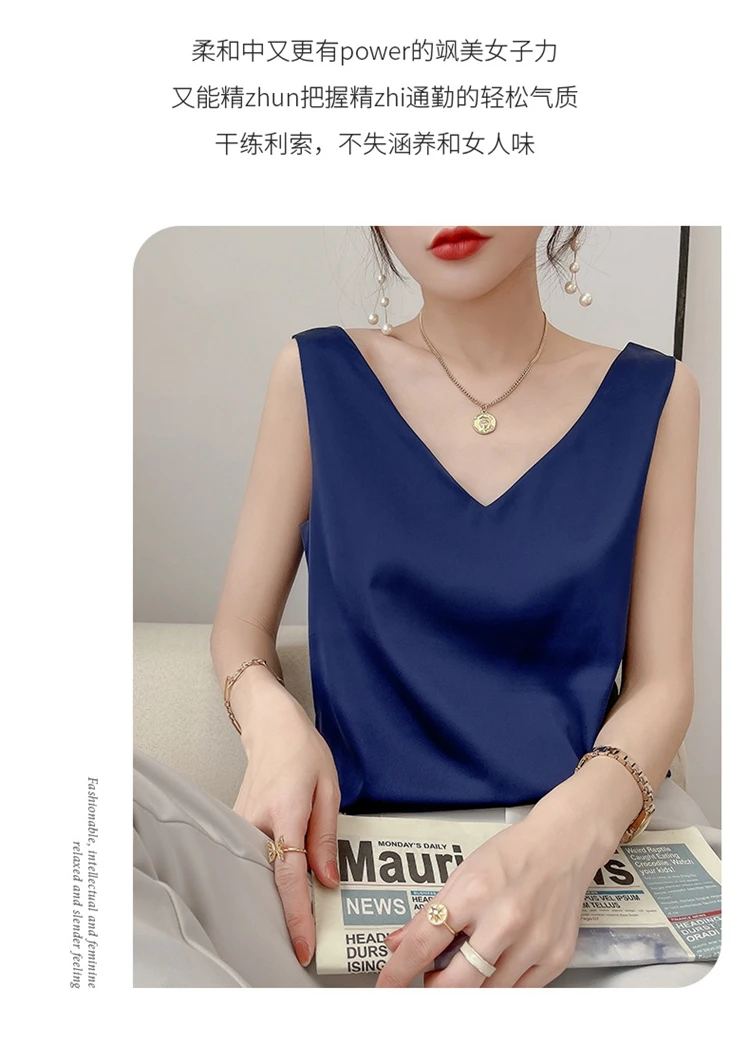 Ladies Silk Suspenders Solid Satin Vest Spring Autumn 2022 New Wild Pullover Tops Women Interior Front/Rear V-Neck Summer Thin