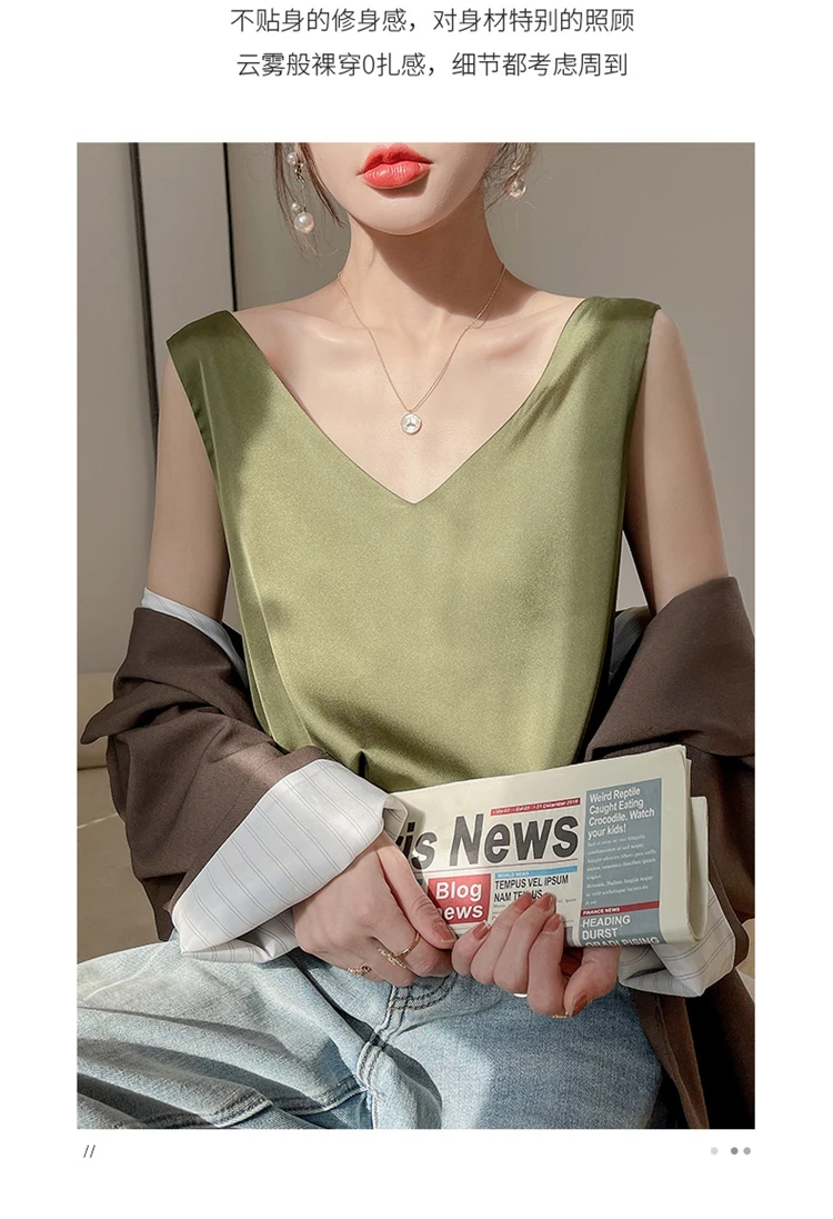 Ladies Silk Suspenders Solid Satin Vest Spring Autumn 2022 New Wild Pullover Tops Women Interior Front/Rear V-Neck Summer Thin