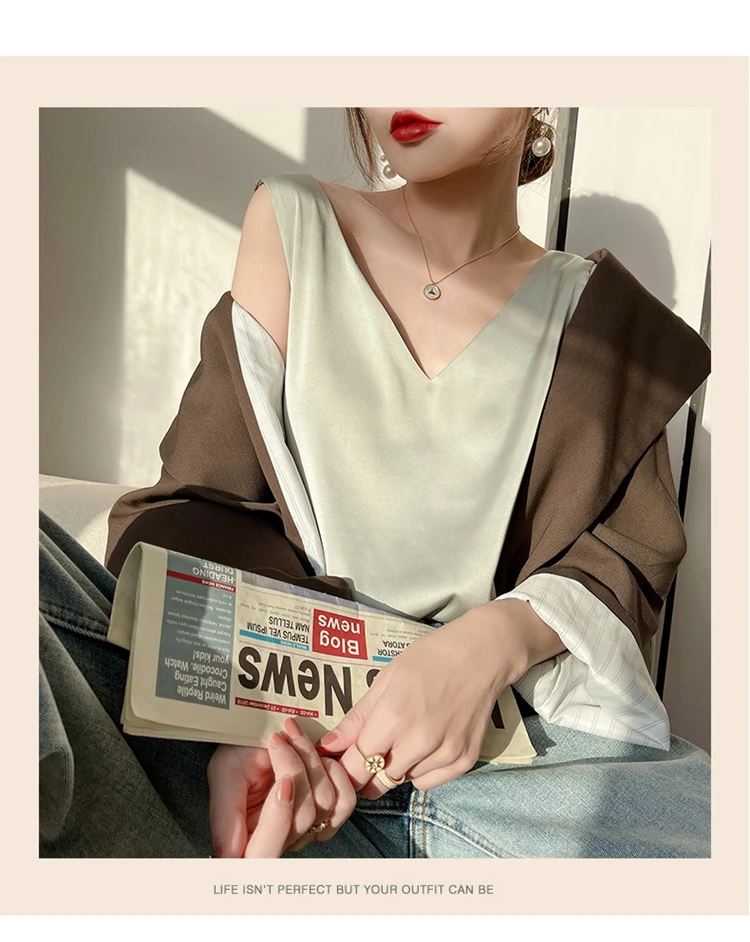 Ladies Silk Suspenders Solid Satin Vest Spring Autumn 2022 New Wild Pullover Tops Women Interior Front/Rear V-Neck Summer Thin