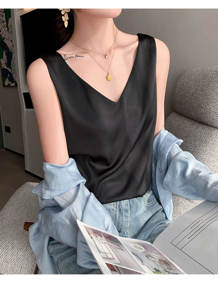 Ladies Silk Suspenders Solid Satin Vest Spring Autumn 2022 New Wild Pullover Tops Women Interior Front/Rear V-Neck Summer Thin