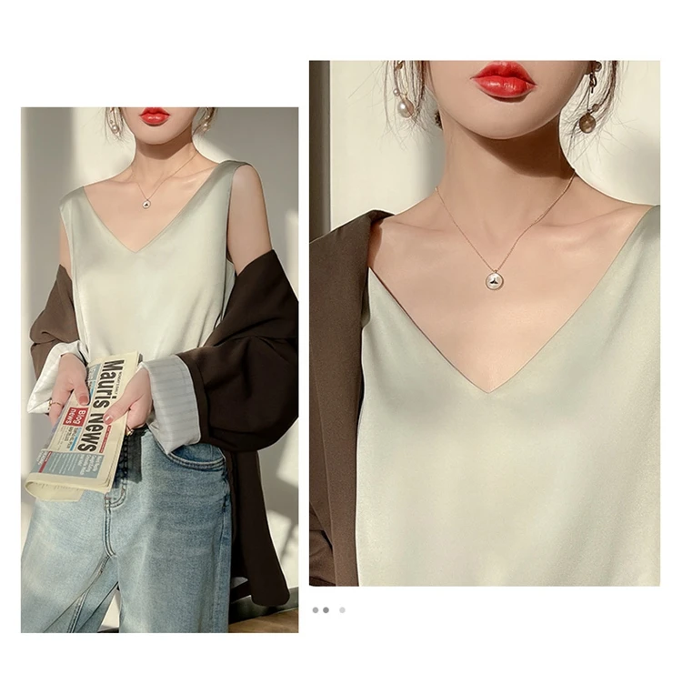 Ladies Silk Suspenders Solid Satin Vest Spring Autumn 2022 New Wild Pullover Tops Women Interior Front/Rear V-Neck Summer Thin