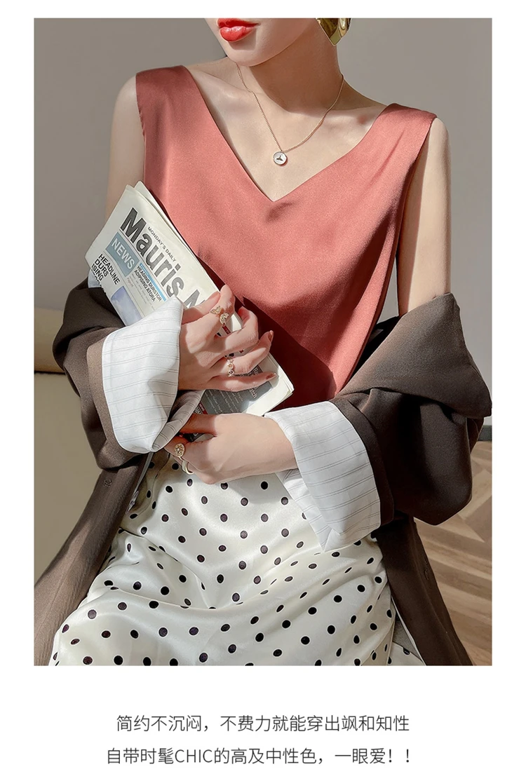 Ladies Silk Suspenders Solid Satin Vest Spring Autumn 2022 New Wild Pullover Tops Women Interior Front/Rear V-Neck Summer Thin
