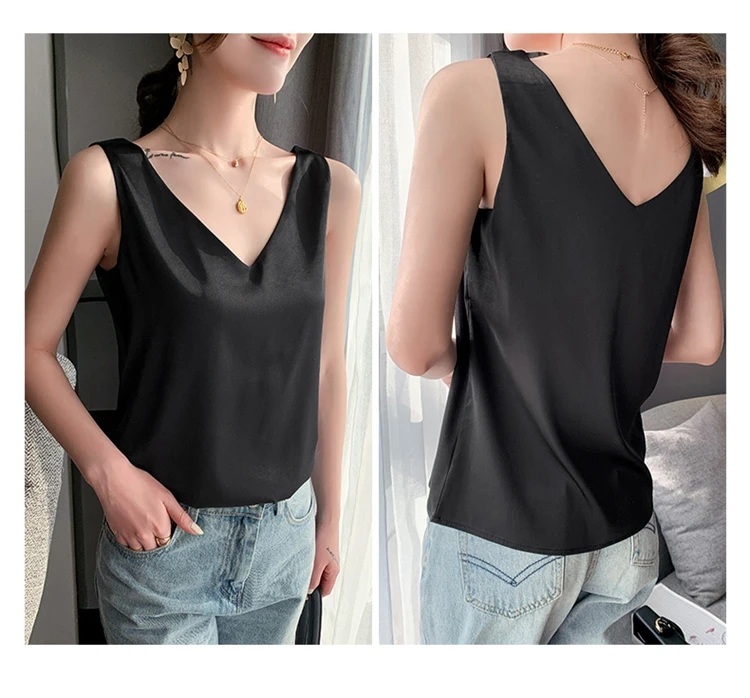 Ladies Silk Suspenders Solid Satin Vest Spring Autumn 2022 New Wild Pullover Tops Women Interior Front/Rear V-Neck Summer Thin