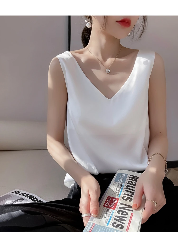 Ladies Silk Suspenders Solid Satin Vest Spring Autumn 2022 New Wild Pullover Tops Women Interior Front/Rear V-Neck Summer Thin
