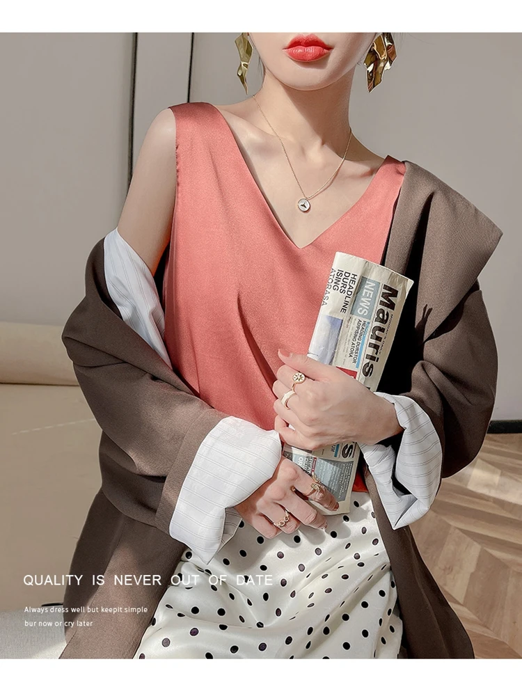 Ladies Silk Suspenders Solid Satin Vest Spring Autumn 2022 New Wild Pullover Tops Women Interior Front/Rear V-Neck Summer Thin