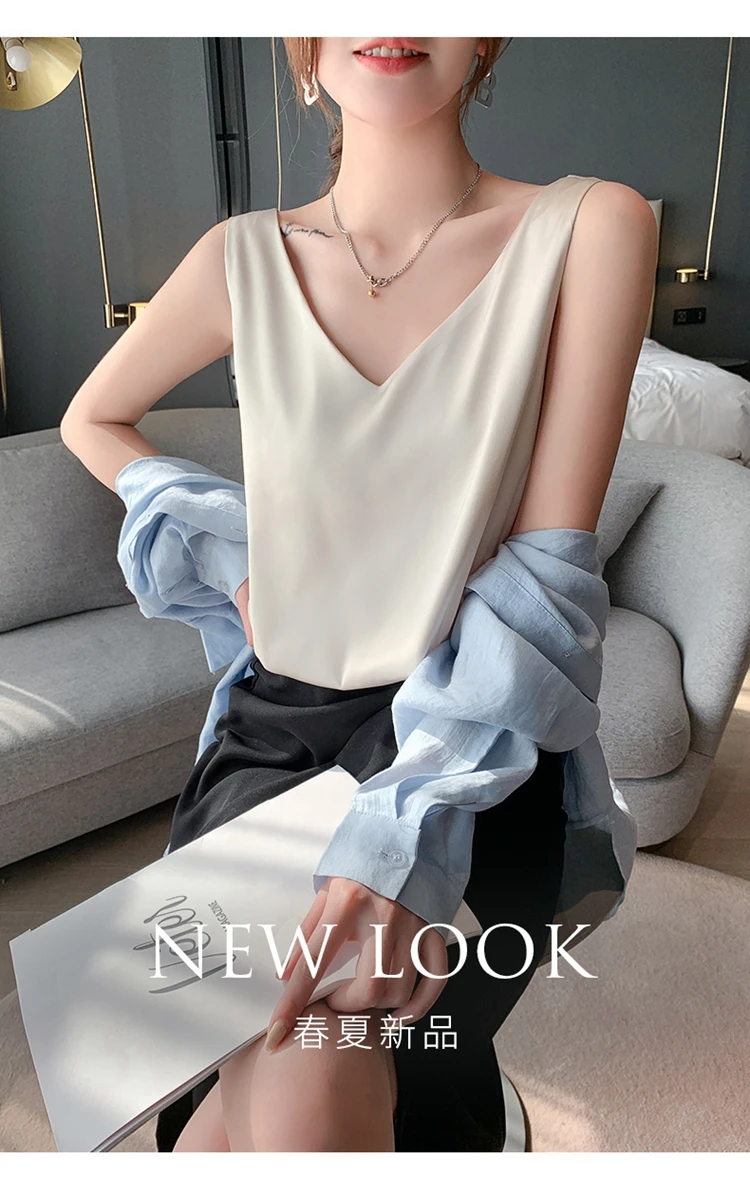 Ladies Silk Suspenders Solid Satin Vest Spring Autumn 2022 New Wild Pullover Tops Women Interior Front/Rear V-Neck Summer Thin