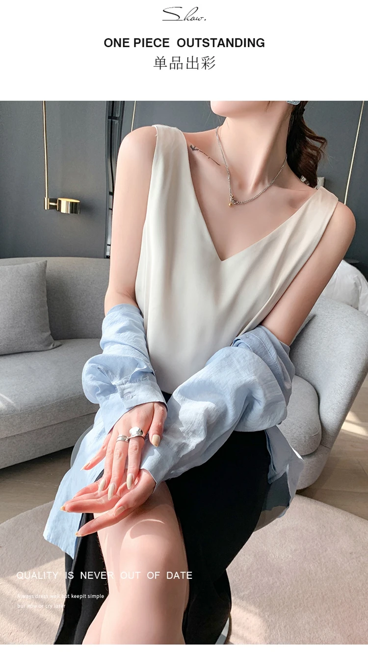 Ladies Silk Suspenders Solid Satin Vest Spring Autumn 2022 New Wild Pullover Tops Women Interior Front/Rear V-Neck Summer Thin