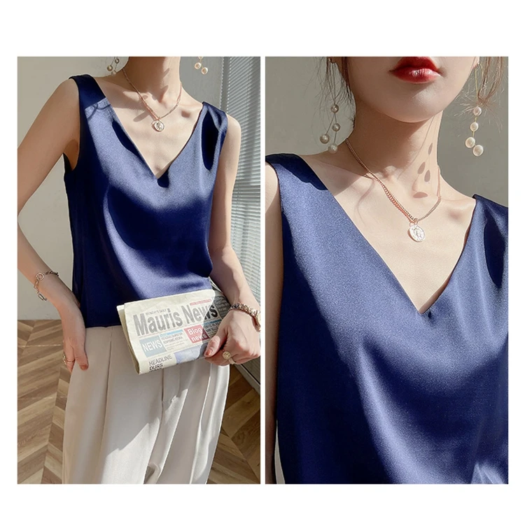 Ladies Silk Suspenders Solid Satin Vest Spring Autumn 2022 New Wild Pullover Tops Women Interior Front/Rear V-Neck Summer Thin