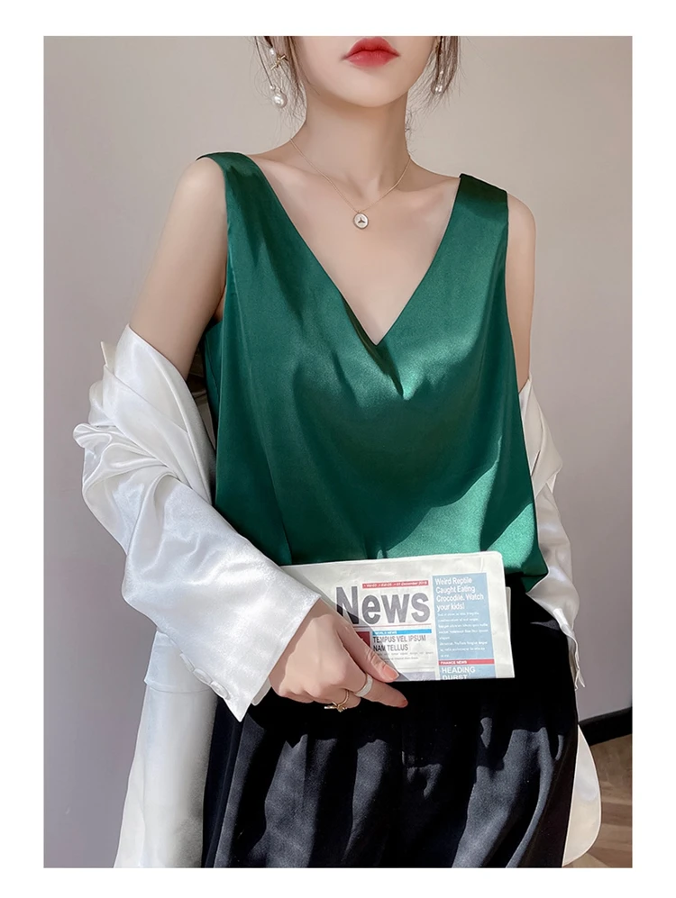 Ladies Silk Suspenders Solid Satin Vest Spring Autumn 2022 New Wild Pullover Tops Women Interior Front/Rear V-Neck Summer Thin