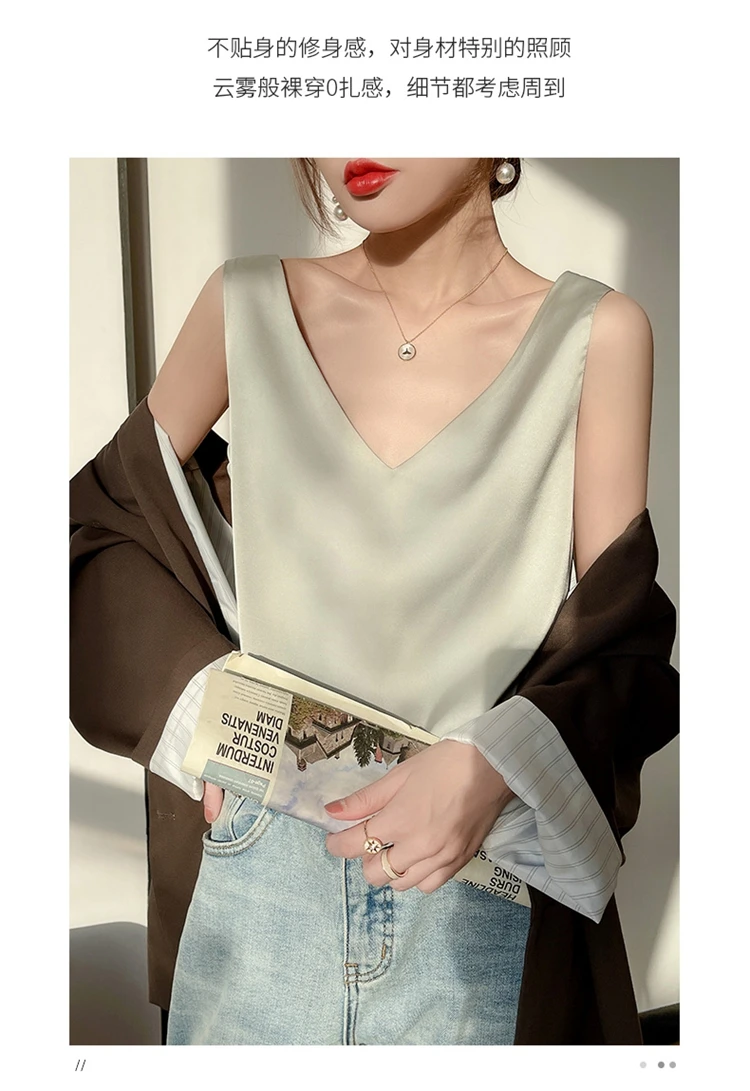 Ladies Silk Suspenders Solid Satin Vest Spring Autumn 2022 New Wild Pullover Tops Women Interior Front/Rear V-Neck Summer Thin