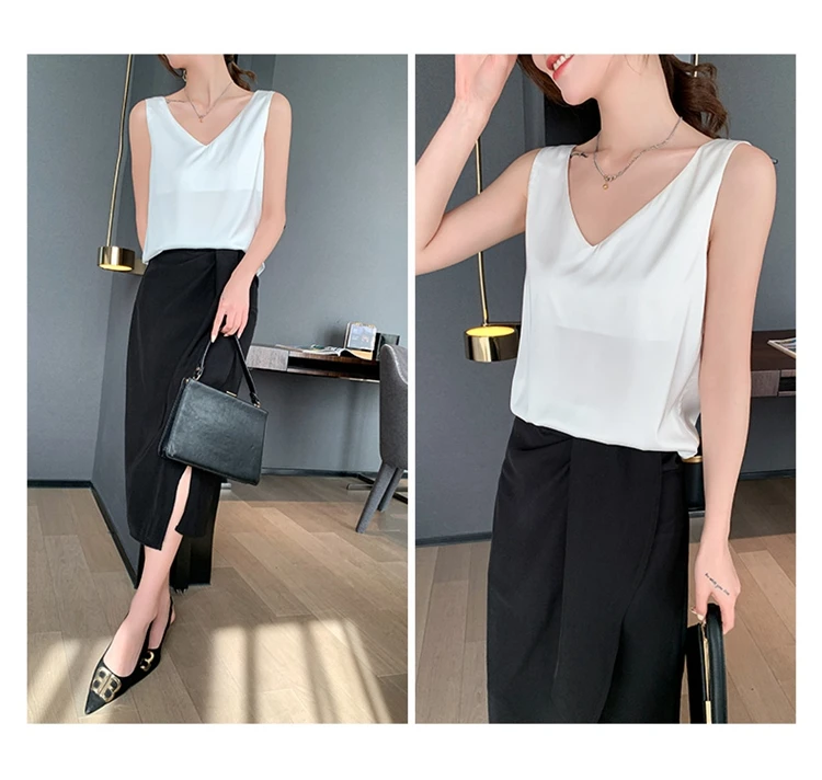 Ladies Silk Suspenders Solid Satin Vest Spring Autumn 2022 New Wild Pullover Tops Women Interior Front/Rear V-Neck Summer Thin