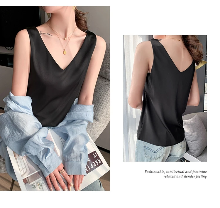 Ladies Silk Suspenders Solid Satin Vest Spring Autumn 2022 New Wild Pullover Tops Women Interior Front/Rear V-Neck Summer Thin