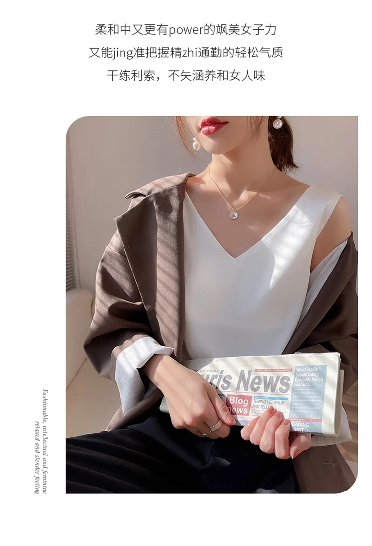 Ladies Silk Suspenders Solid Satin Vest Spring Autumn 2022 New Wild Pullover Tops Women Interior Front/Rear V-Neck Summer Thin