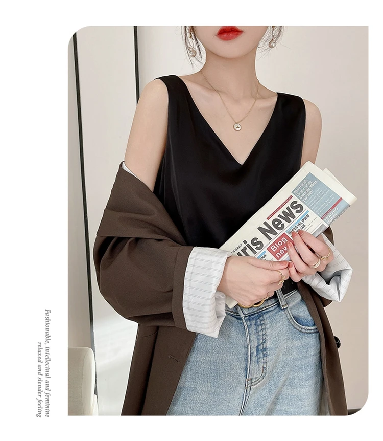 Ladies Silk Suspenders Solid Satin Vest Spring Autumn 2022 New Wild Pullover Tops Women Interior Front/Rear V-Neck Summer Thin