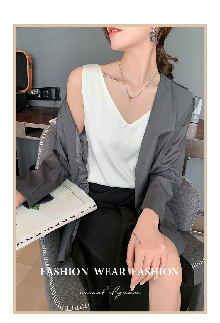 Ladies Silk Suspenders Solid Satin Vest Spring Autumn 2022 New Wild Pullover Tops Women Interior Front/Rear V-Neck Summer Thin