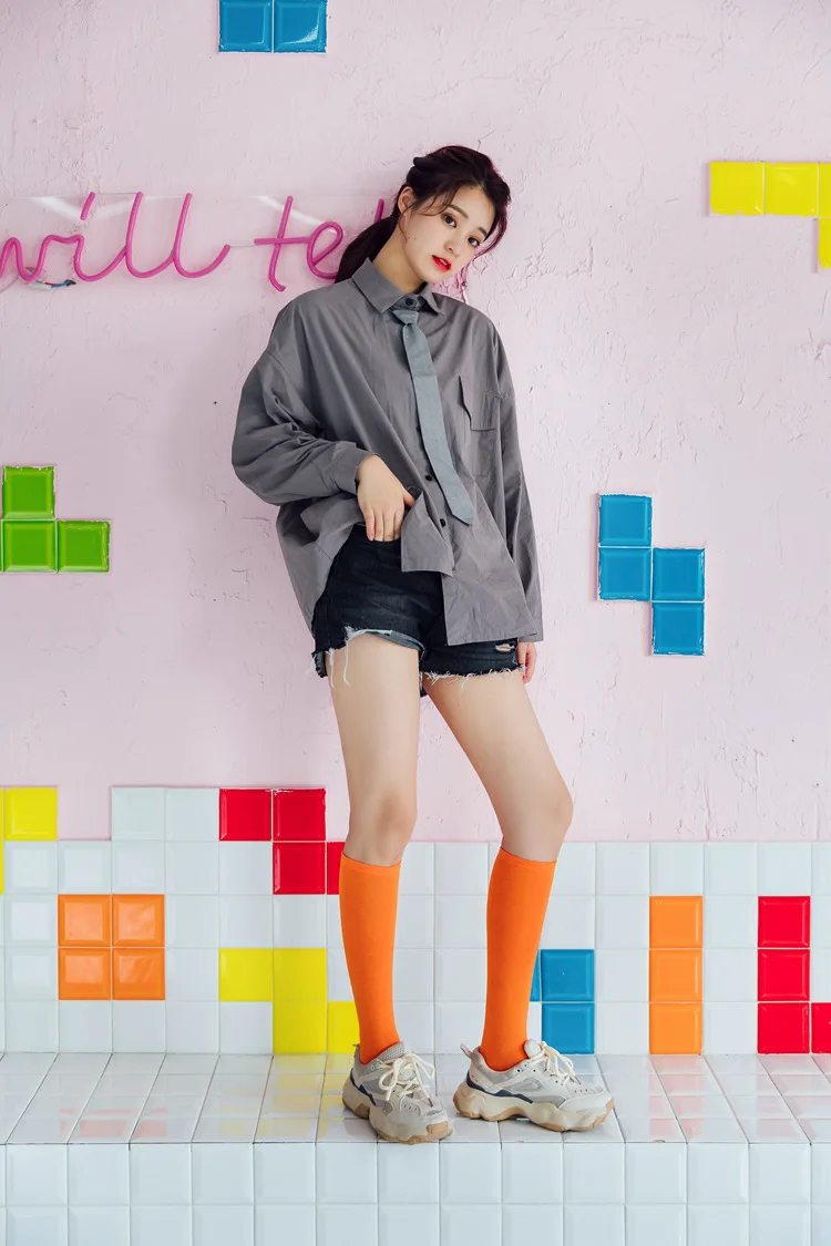 New Japanese solid color calf socks Hyuna candy color Korean student long tube women's socks