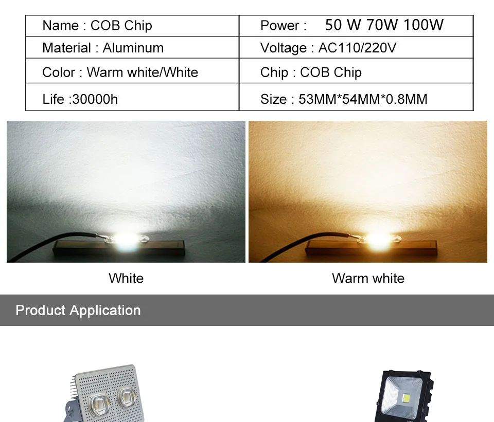 Welding Free 100W 70W 50W High Power COB LED Chip for Spotlight Floodlight 220V 110V Integrated Light Beads Aluminum White Warm