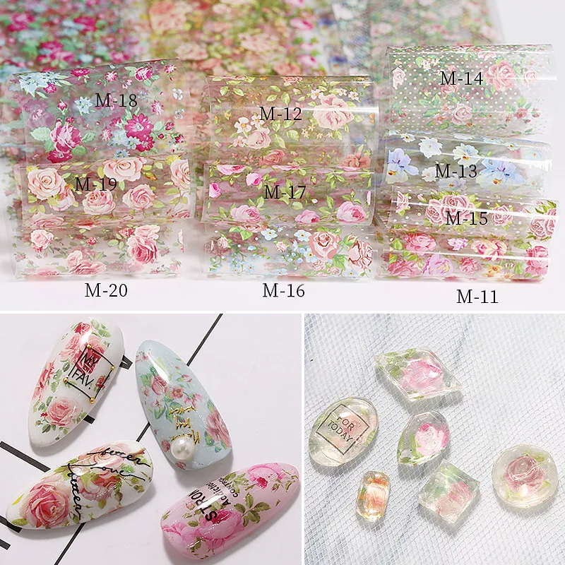 New Flower Nail Foils for Transfer Paper Stickers Floral Adhesive Fruit Nails Wraps Fish DIY Water Marble Nail Art Decorations