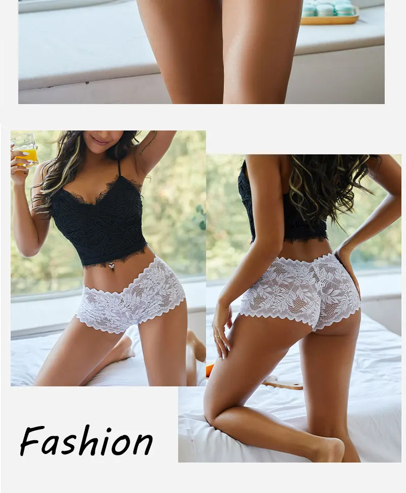3PCS Women Sexy Lace Panties Floral Perspective Uderwear Solid Color Intimates Boyshort Female V-Waist Breathablle Soft Lingerie
