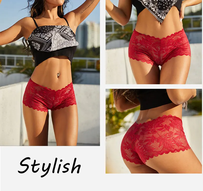 3PCS Women Sexy Lace Panties Floral Perspective Uderwear Solid Color Intimates Boyshort Female V-Waist Breathablle Soft Lingerie