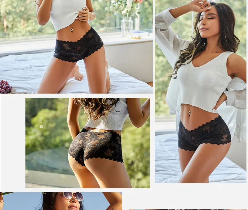 3PCS Women Sexy Lace Panties Floral Perspective Uderwear Solid Color Intimates Boyshort Female V-Waist Breathablle Soft Lingerie
